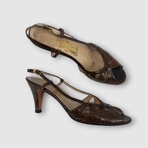 Vintage Salvatore Ferragamo Brown Snakeskin Slingback Peep Toe Heels Women’s 9